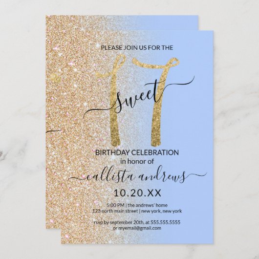 ブルーガーリーモダン金ゴールドグリッターグラデーションスウィート17 招待状 (正面/裏面)