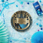 ブルーガーリー誕生日と金ゴールドとブラックハイヒール ペーパープレート (パーティー)