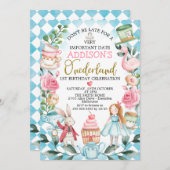 ブルーガールズアリスインオンダーランド誕生日招待状 招待状 (正面/裏面)