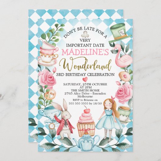 ブルーガールズアリスインワンダーランド誕生日招待状 招待状 (正面/裏面)