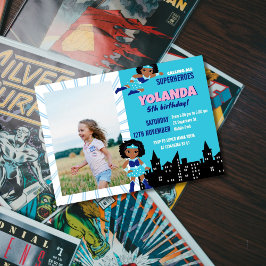 ブルーガールズスーパーヒーロー子供の誕生日 招待状