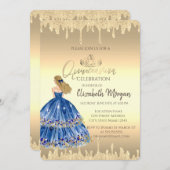 ブルーガール,ティアラ,グリッタードリップス金ゴールドキンセアニラ 招待状 (正面/裏面)