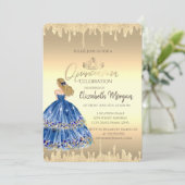 ブルーガール、ティアラ、グリッター ドリップス ゴールド キンセアニエラ 招待状 (スタンド正面)