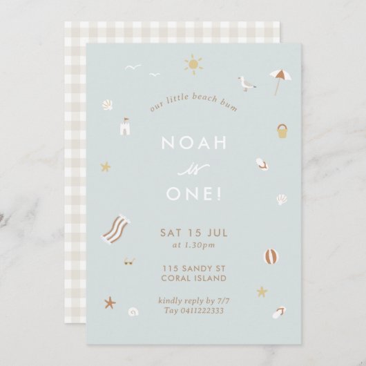 ブルーキッズビーチプールパーティーテーマ誕生日 招待状 (正面/裏面)