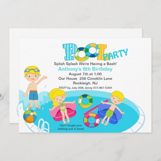 ブルーキッズプールパーティー誕生日招待状 招待状 (正面/裏面)