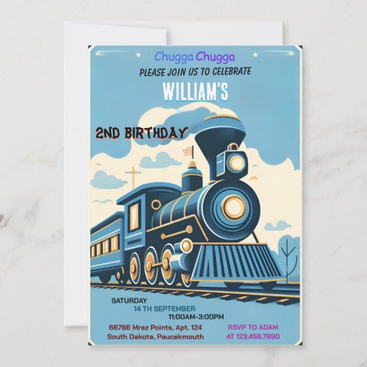 ブルーキッズボーイズヴィンテージ2列の誕生日に乗る 招待状 (正面)