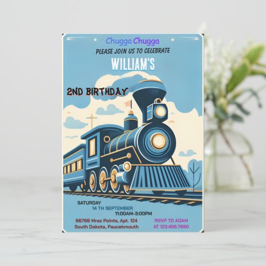 ブルーキッズボーイズヴィンテージ2列の誕生日に乗る 招待状 (スタンド正面)