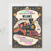 ブルーキッズ男の子ヴィンテージ2列車2歳の誕生日 招待状 (正面)