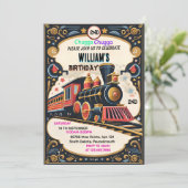 ブルーキッズ男の子ヴィンテージ2列車2歳の誕生日 招待状 (スタンド正面)