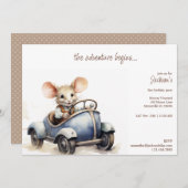 ブルーキッズ誕生日パーティーでかわいい水色マウス 招待状 (正面/裏面)