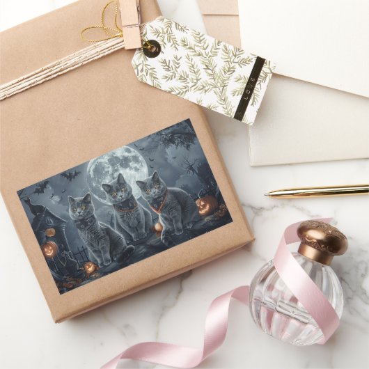 ブルーキャッツロシアのハロウィン不気味 長方形シール (ギフト)