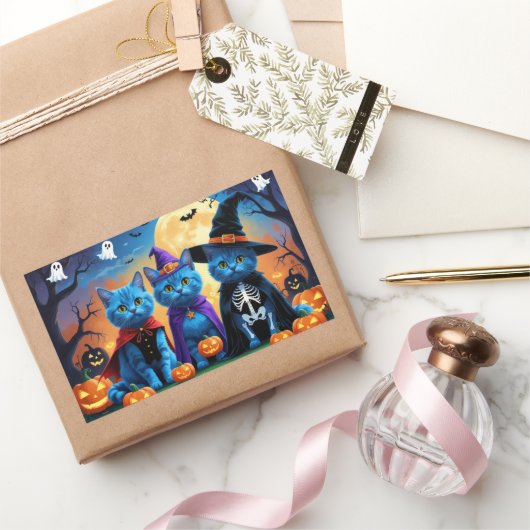 ブルーキャッツロシアのパンプキンハロウィンおもしろい 長方形シール (ギフト)