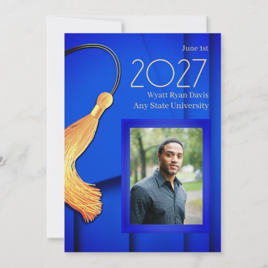 ブルーキャップとガウン、金ゴールドタッセル 案内状 (正面)