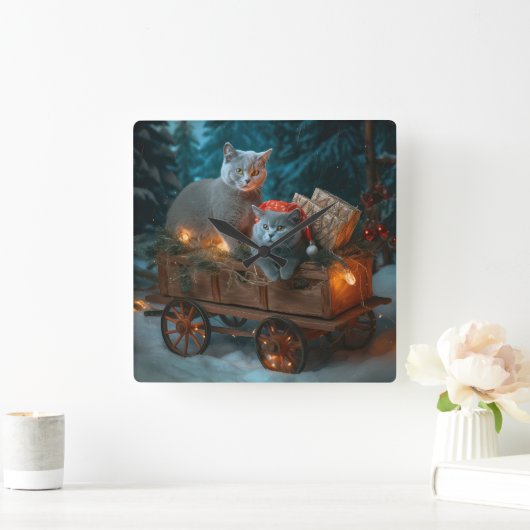 ブルーキャッロシアのトスノースイクリスマスデコール スクエア壁時計 (ホーム)