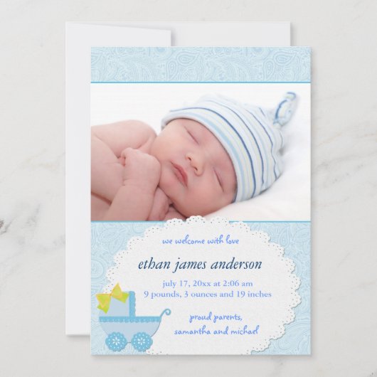 ブルーキャリッジ男の赤ちゃん写真誕生のお知らせ 案内状 (正面)