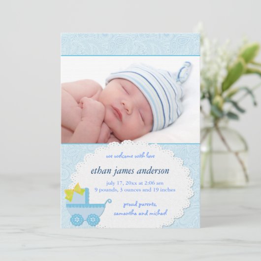 ブルーキャリッジ男の赤ちゃん写真誕生のお知らせ 案内状 (スタンド正面)