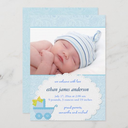 ブルーキャリッジ男の赤ちゃん写真誕生のお知らせ 案内状 (正面/裏面)