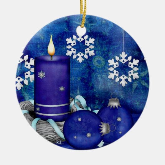 ブルーキャンドルクリスマス セラミックオーナメント (正面)