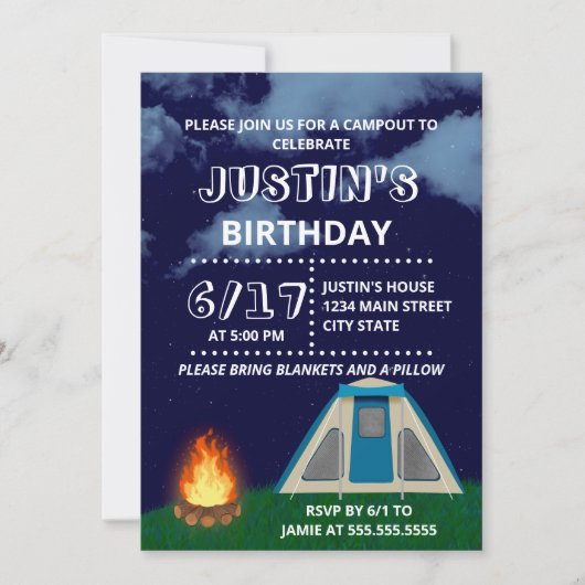 ブルーキャンプアウト誕生日パーティーの招待状 招待状 (正面)