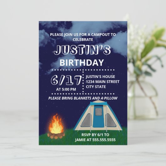 ブルーキャンプアウト誕生日パーティーの招待状 招待状 (スタンド正面)