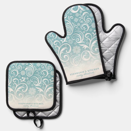 ブルーキュートなクリスマススノーフレークカスタム渦巻き 鍋つかみ&鍋敷きセット (正面/裏面)