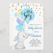 ブルーキュートエレファント男の赤ちゃんシャワーバルーン 招待状 (正面/裏面)