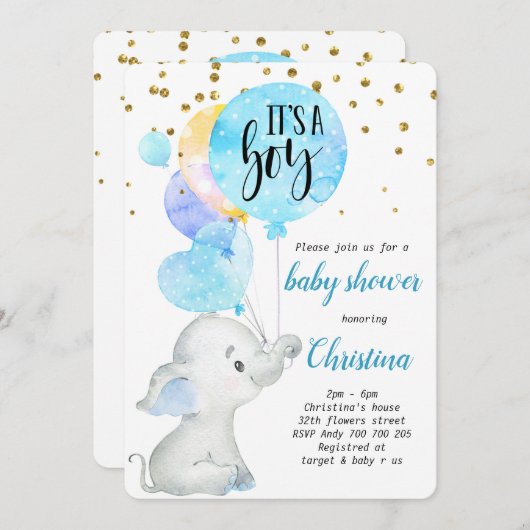 ブルーキュートエレファント男の赤ちゃんシャワーバルーン 招待状 (正面/裏面)