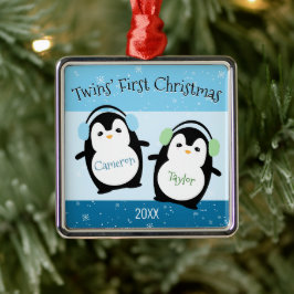 ブルーキュートツインズペンギン初めてのクリスマス メタルオーナメント