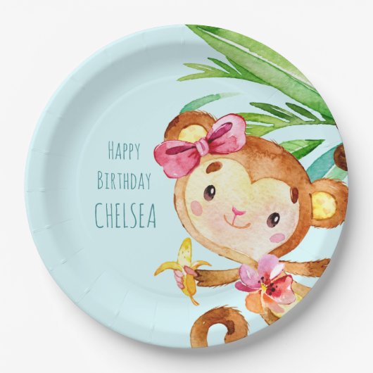 ブルーキュートモンキーパーソナライズされたハッピーバースデー ペーパープレート (正面)