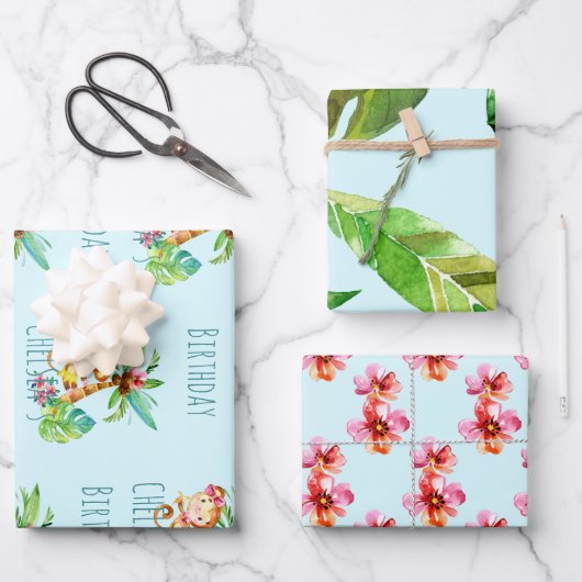 ブルーキュートモンキーパーソナライズされたハッピーバースデー ラッピングペーパーシート (正面)