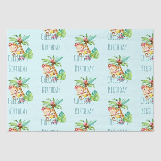 ブルーキュートモンキーパーソナライズされたハッピーバースデー 薄葉紙 (正面)