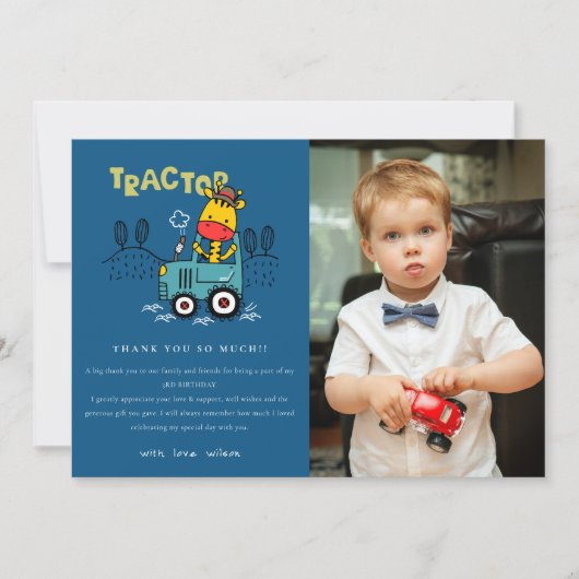 ブルーキレーフインファームトラクターボーイズフォト誕生日 サンキューカード (正面)