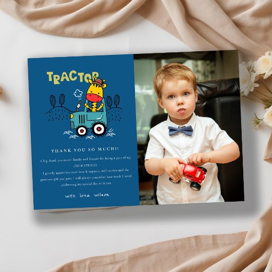 ブルーキレーフインファームトラクターボーイズフォト誕生日 サンキューカード
