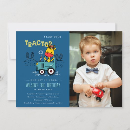 ブルーキレーフインファームトラクターボーイズフォト誕生日 招待状 (正面)