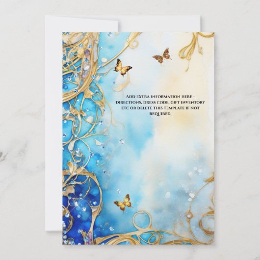 ブルーキンセアニラグリッターボールガウン蝶フローラ 招待状 (裏面)