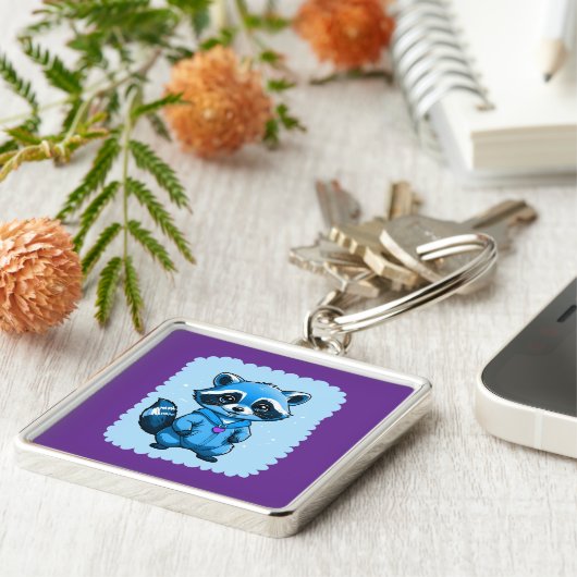 ブルーキーチェーンの小さなアライグマ キーホルダー (側面)