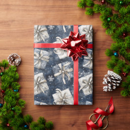 ブルーギフトボウシルバースノーフレーククリスマス ラッピングペーパー