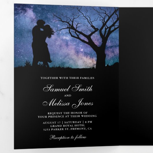 ブルーギャラクシー ロマンチック カップル フォト ウェディング 三つ折り招待状 (内部最初)