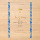 ブルーギリシャ鍵オーソドックス《キリスト教》洗礼式や命名式バプテスマ アクリル招待状 (正面)