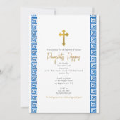 ブルーギリシャ鍵オーソドックス《キリスト教》洗礼式や命名式バプテスマ 招待状 (正面)