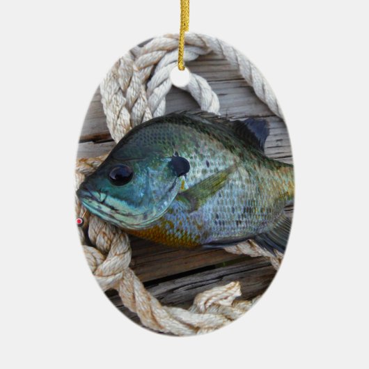 ブルーギルの魚を波止場とロープに セラミックオーナメント (正面)