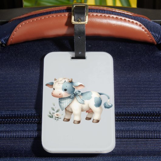 ブルーギンガムの赤ちゃん牛 パステル調の牧場の雰囲気 ラゲッジタグ (正面インサイチュ2)