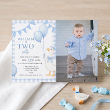 ブルーギンガムの2歳の男の子の誕生日招待状 お馬鹿なアヒル付き