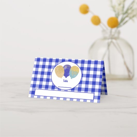 ブルーギンガムグリッターブルーパーティーバルーン誕生日 プレイスカード (正面)
