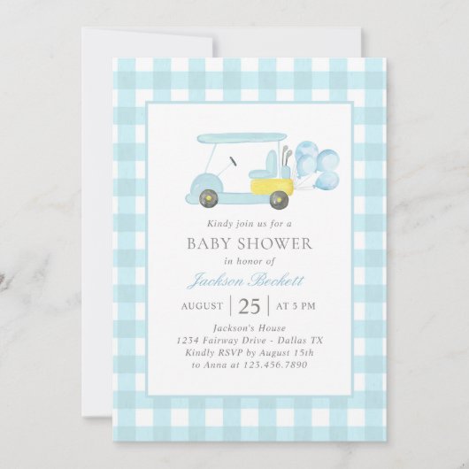 ブルーギンガムゴルフボーイベビーシャワー 招待状 (正面)