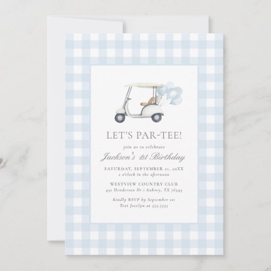 ブルーギンガムゴルフボーイ誕生日 招待状 (正面)
