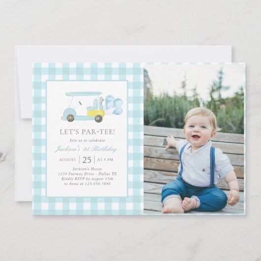 ブルーギンガムゴルフボーイ1stバースデーフォト 招待状 (正面)
