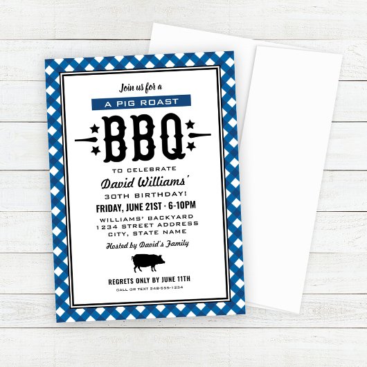 ブルーギンガムチェックのBBQ仔豚のバースデー 招待状