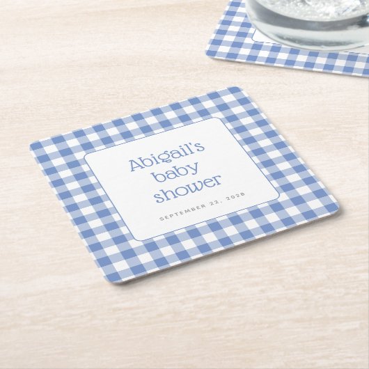 ブルーギンガムチェック素朴ボーイズベビーシャワー スクエアペーパーコースター (アングル)
