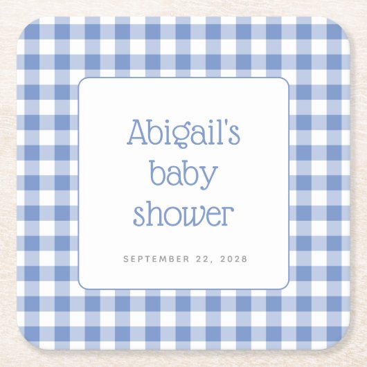 ブルーギンガムチェック素朴ボーイズベビーシャワー スクエアペーパーコースター (正面)